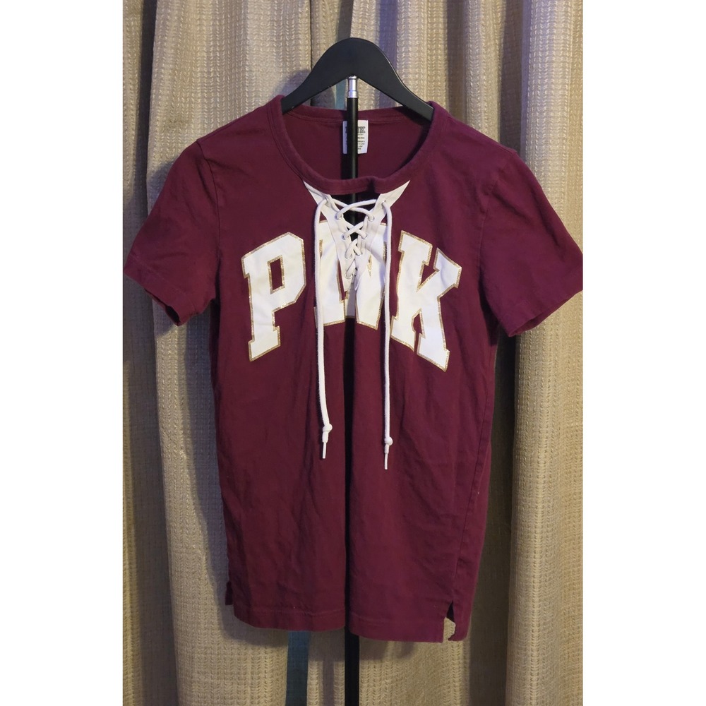 Pink Victoria's Secret‎ Lace Up T-Shirt Women's Size XS Maroon White